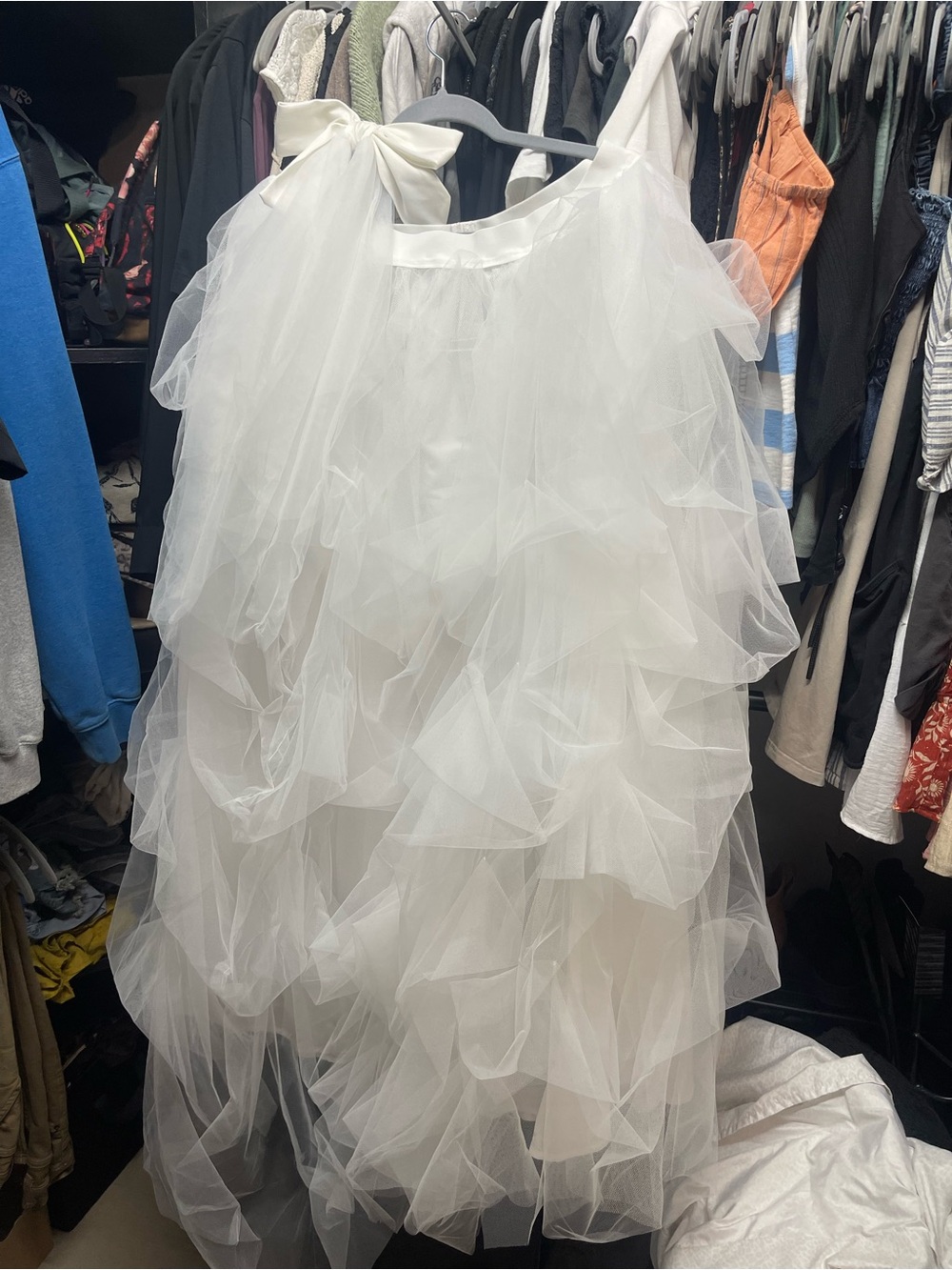White Ruffled Tulle Maxi Skirt with Satin Waist Bow
